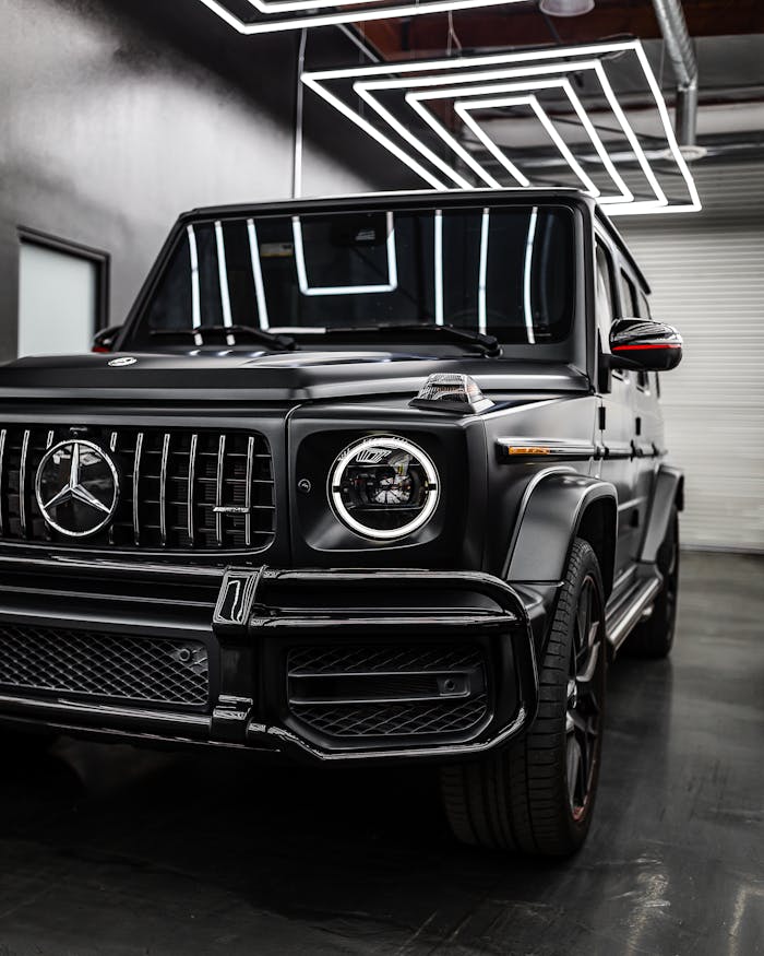 Sleek black Mercedes-Benz G-Class SUV parked indoors beneath stylish lighting.