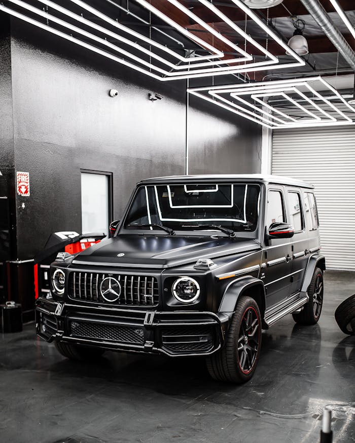 Front view of a parked Mercedes-Benz SUV inside a sleek, modern automotive garage.